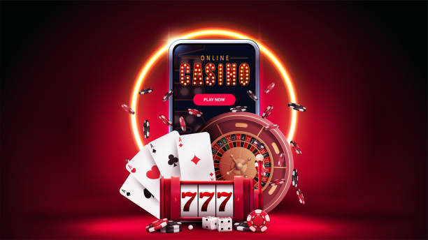 789coin Online casino, red banner with smartphone, slot machine, Casino Roulette, poker chips and playing cards in red scene with orange neon ring on background.